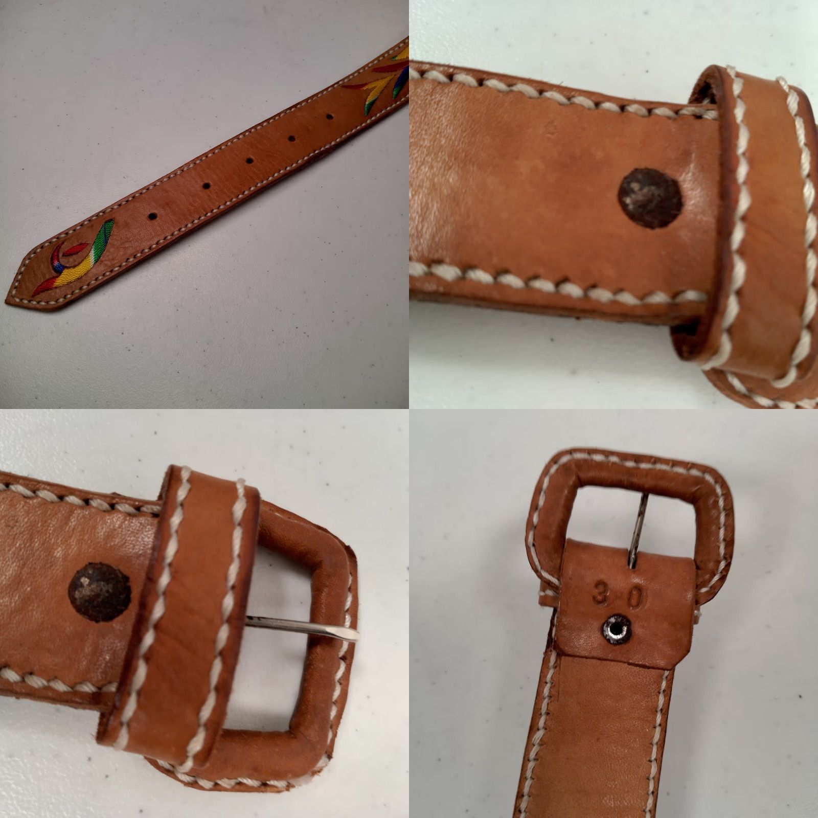 Vintage VINTAGE Leather Belt Women's Adjustable 1 3/8" Brown Embroidered Boho Tribal 30" Size 26-30in Size ONE SIZE - 8 Thumbnail