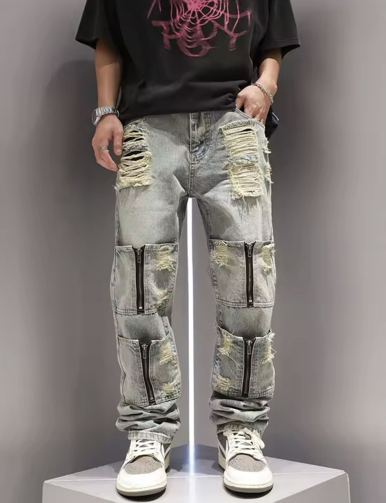 Multi Zipper Pocket Washed and Perforated Jeans
