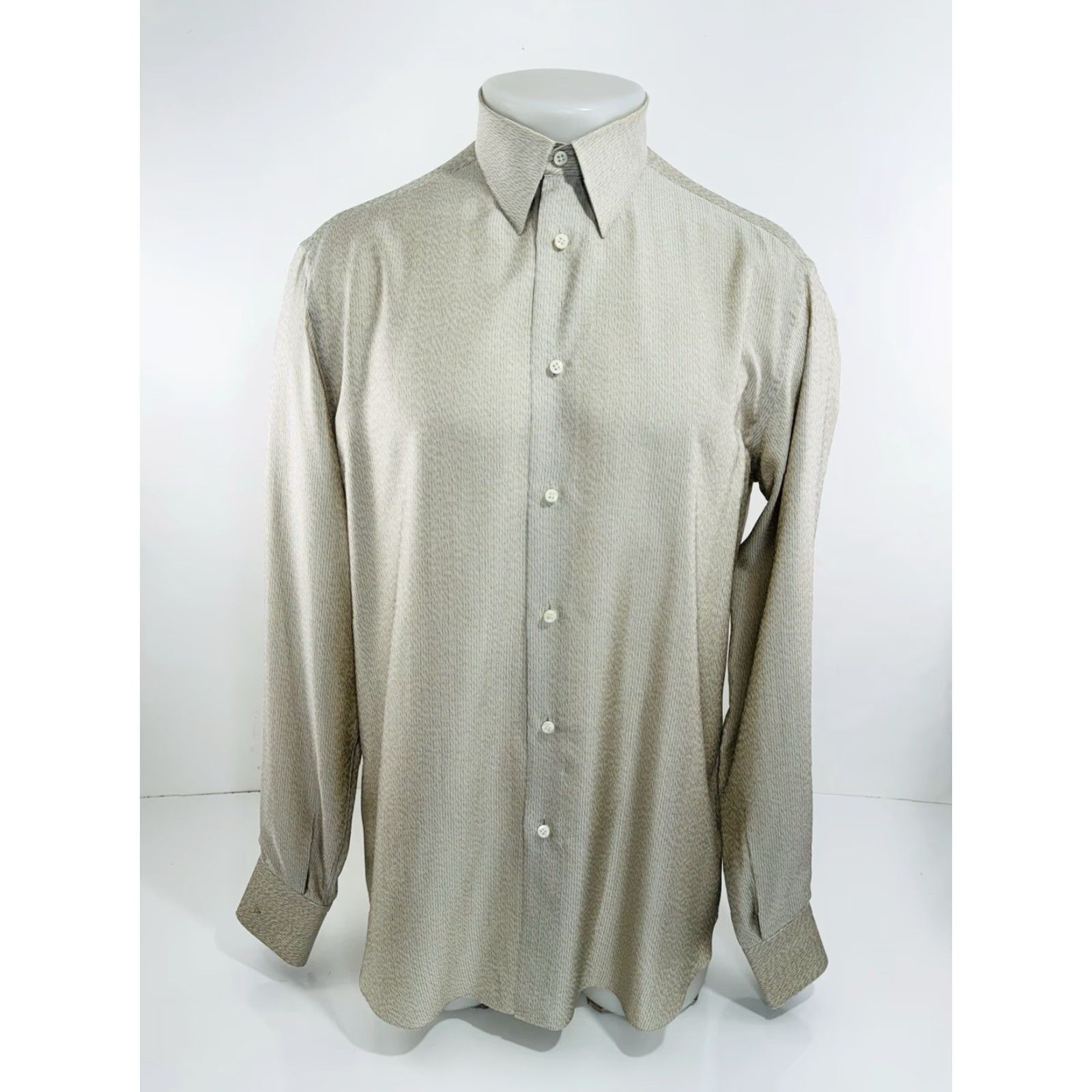 Brioni BRIONI Silk Mens S Shirt Long Sleeve Beige / Grayish Button-Up - Italy - Regular Size S Mens Shirt Silk Brioni Size US S / EU 44-46 / 1 - 2 Thumbnail