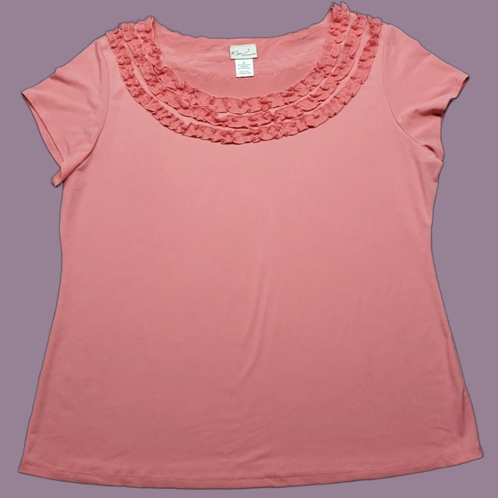 Pinko Kim Rogers T-Shirt Womens XL Pink Round Neck Cap Sleeve Ruffle USA Stretch Size XL / US 12-14 / IT 48-50 - 1 Thumbnail