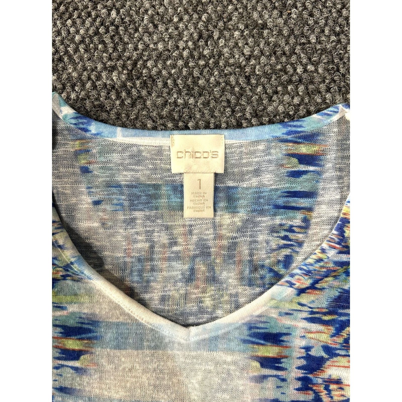 Vintage Chicos Shirt Womens 1 Blue Geometric Print V Neck Dolman Short Sleeve Top Boho Size XS / US 0-2 / IT 36-38 - 3 Thumbnail
