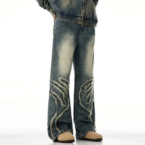 Jean Vintage Blue Graphic Splicing Baggy Jeans Size US 33 - 3 Thumbnail
