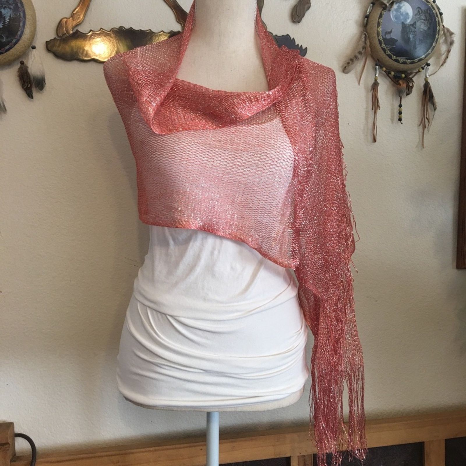 Other Coral pink mesh metallic scarf wrap sash belt Size ONE SIZE - 7 Thumbnail