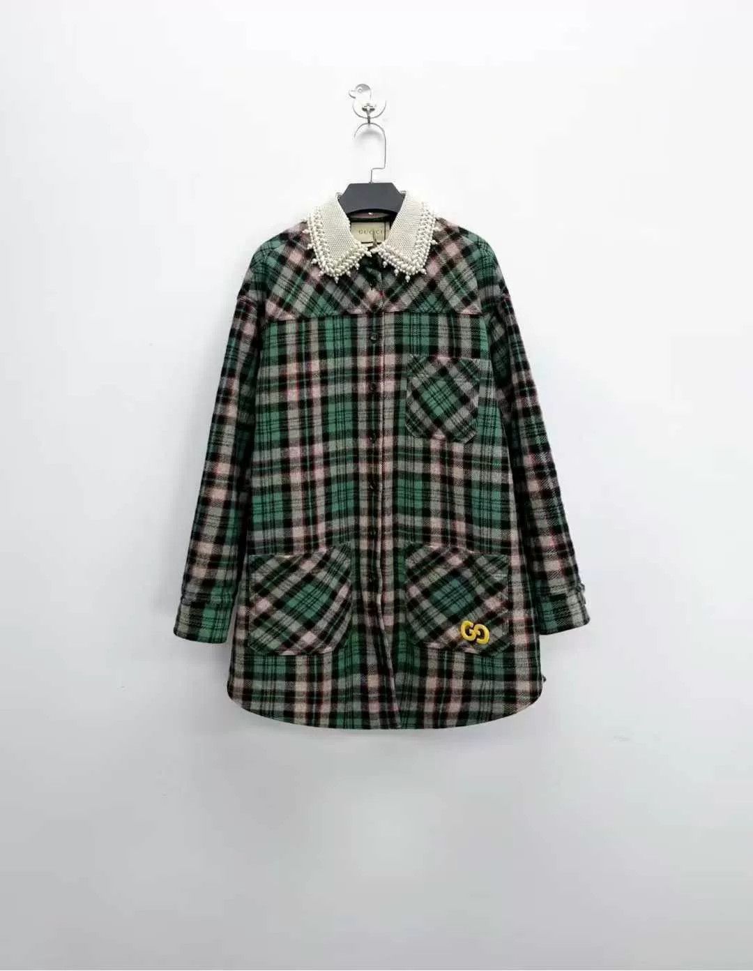 Gucci gucci green plaid long coat with pearl collar Size L / US 10 / IT 46 - 1 Thumbnail
