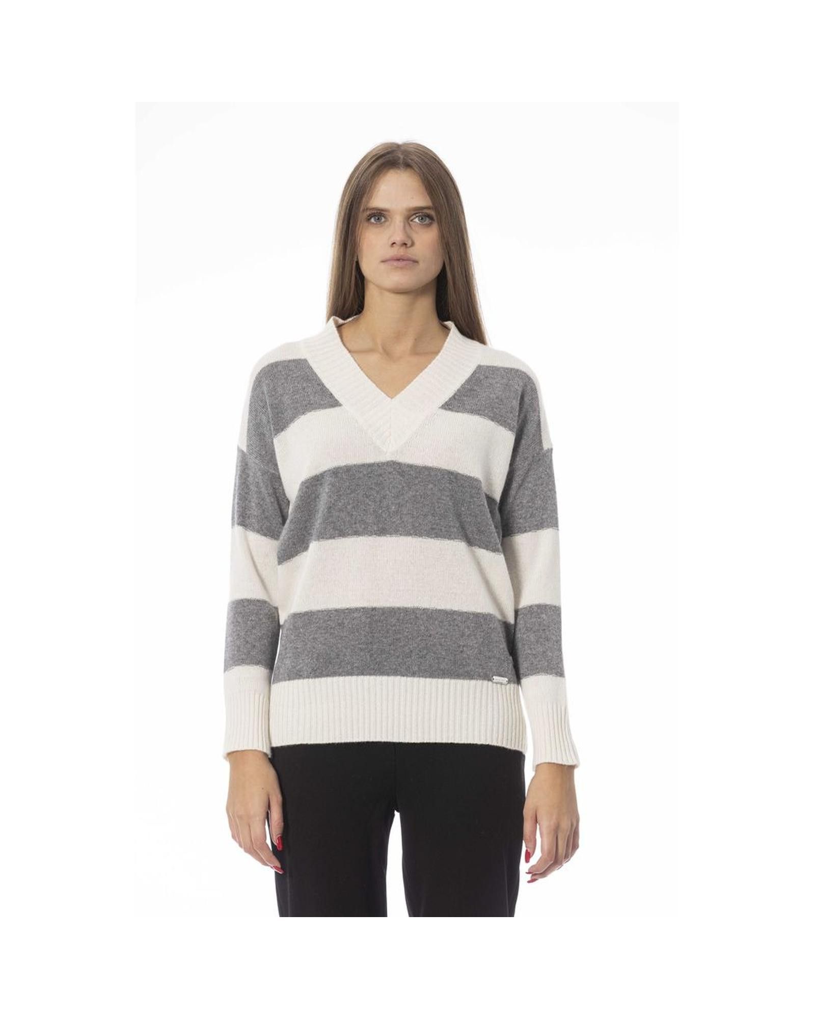 image of Baldinini V-Neck Wool Sweater With Monogram Detail in Grey, Women's (Size Small)