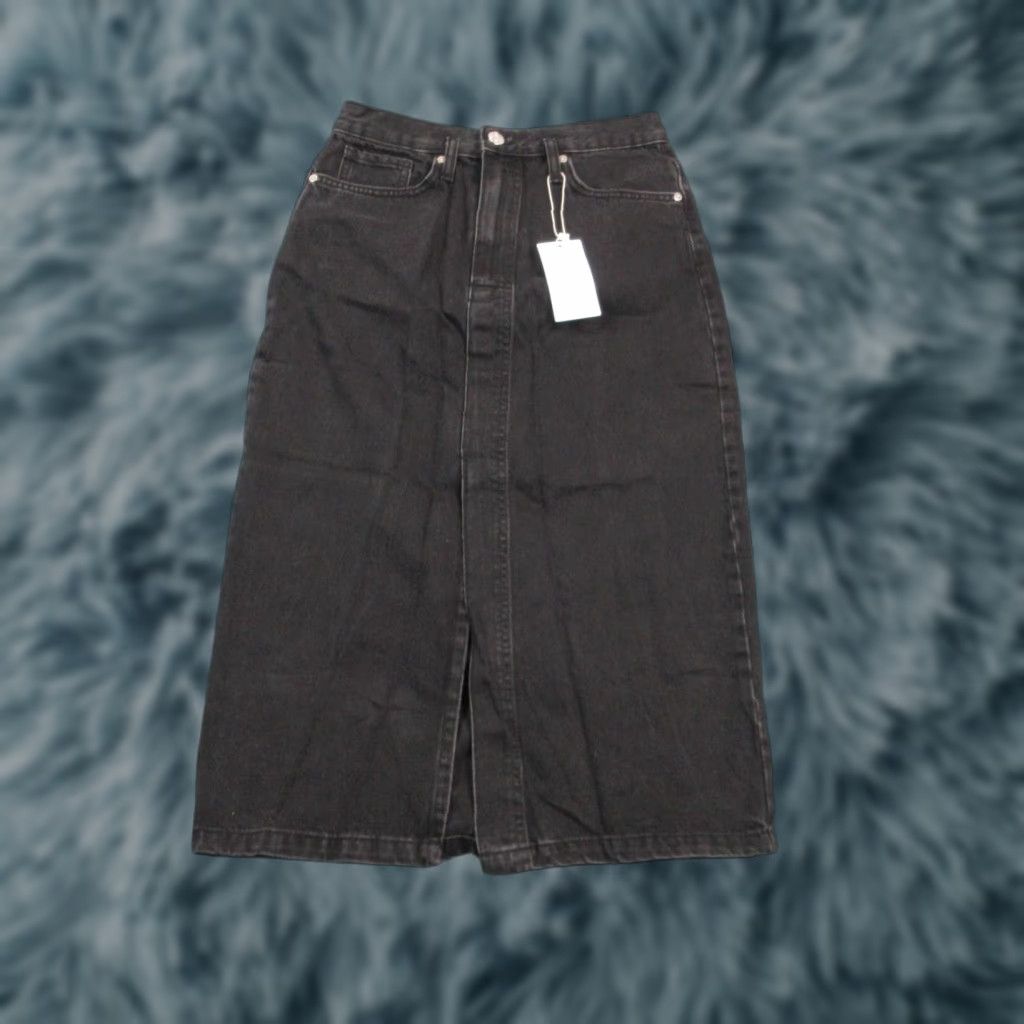 MNG Mango Skirt Womens Small Black Midi Denim Jeans Soleil Slit NWT