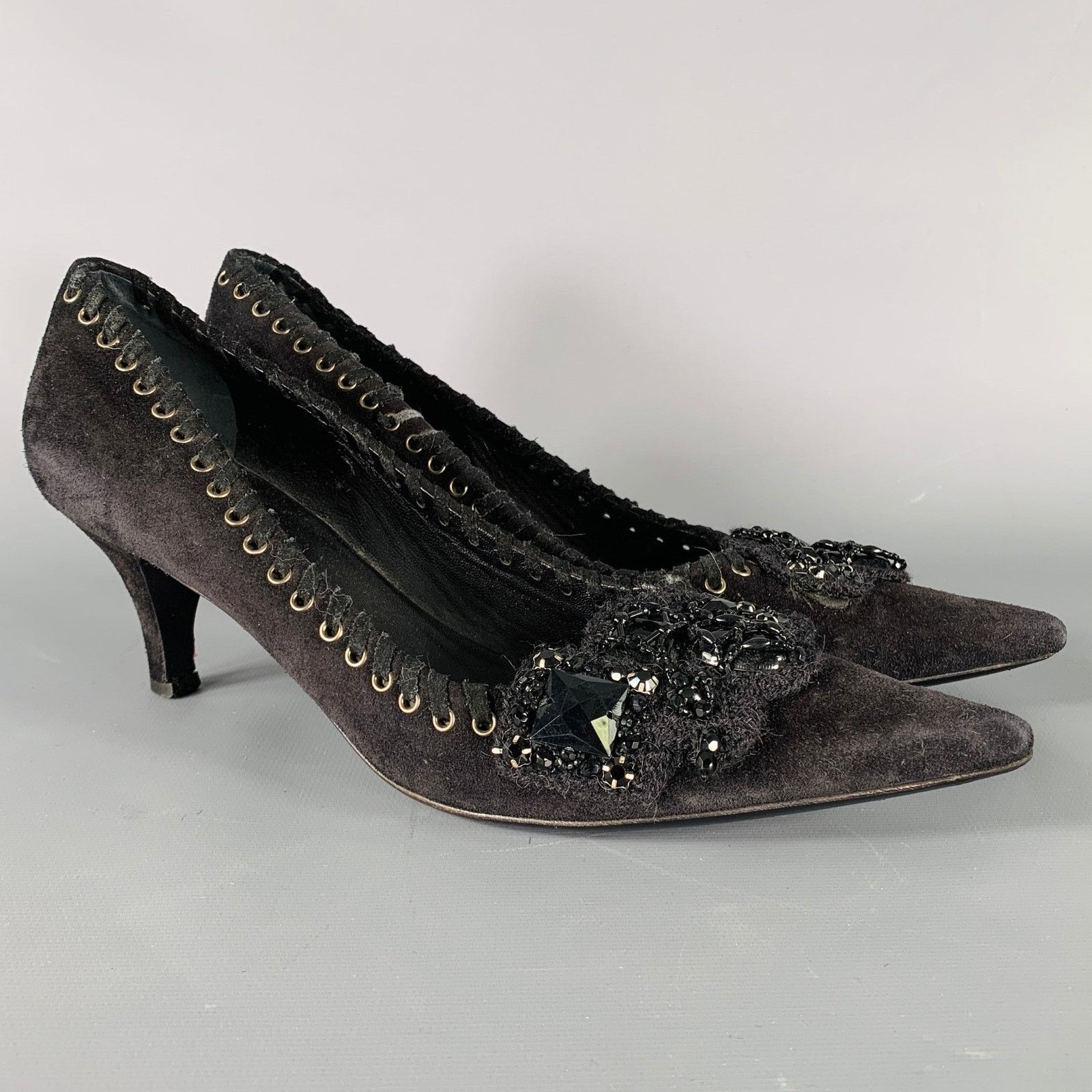 Prada PRADA Size 7.5 Black Suede Beaded Embellishment Heels Pumps Size US 7.5 / IT 37.5 - 1 Thumbnail