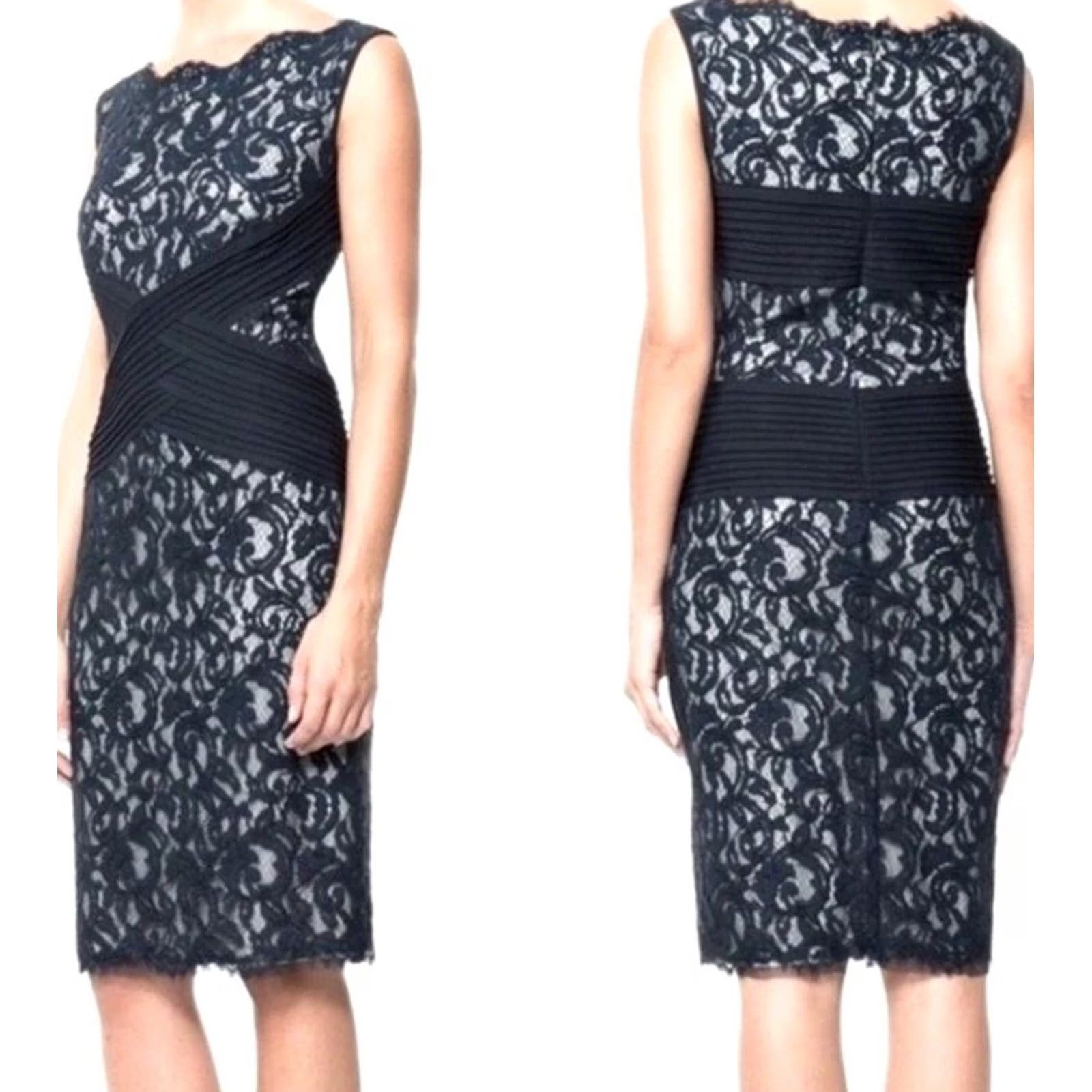 Tadashi Shoji Tadashi Shoji Lace Dress Pintuck Jersey Waist 2P Navy/Ivory Sleeveless Knee Length Boat Neck Zip Womens Petite Formal Party Wedding Workwear dress Size XS / US 0-2 / IT 36-38 - 2 Thumbnail
