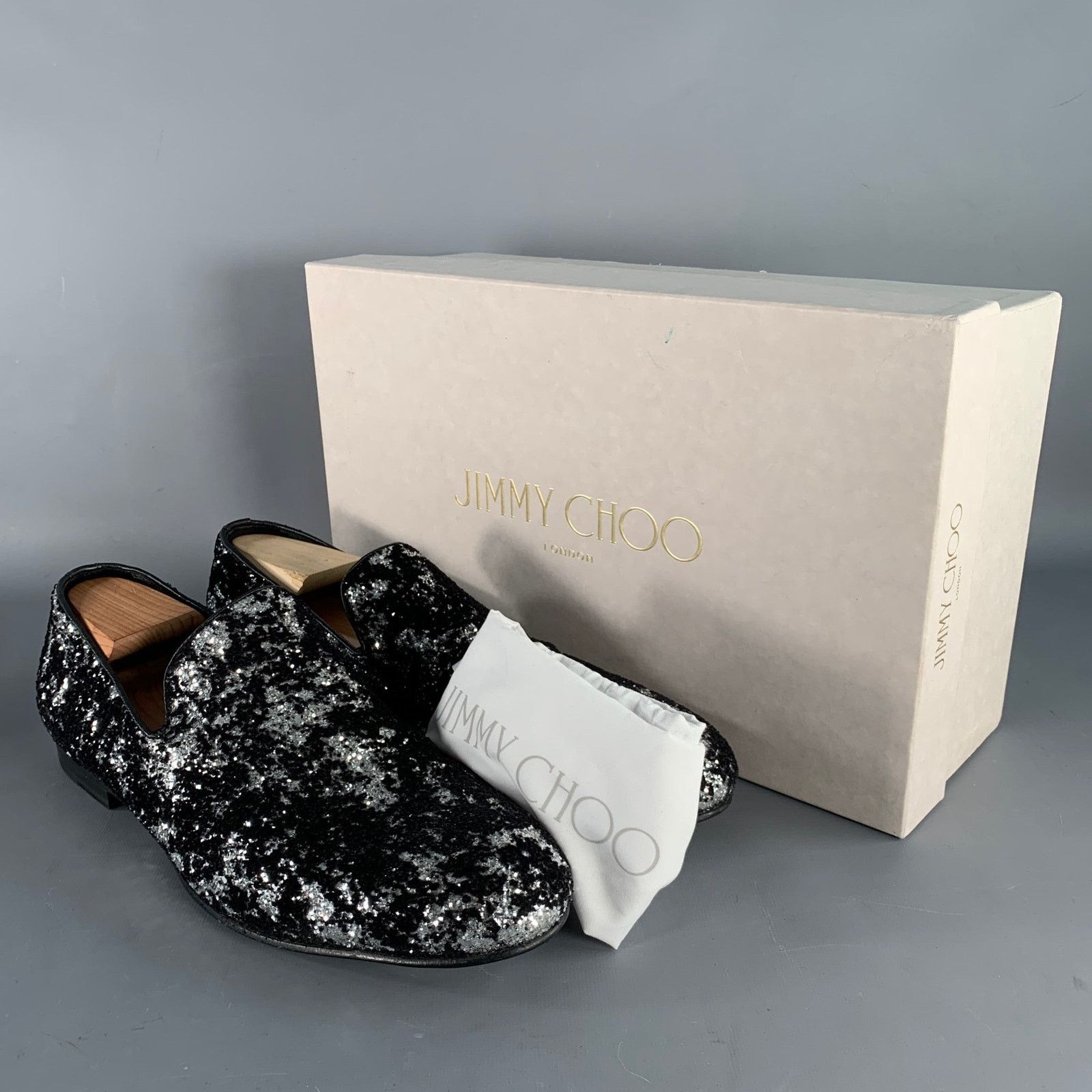 Jimmy Choo 11 Velvet Glitter Devore Sloan Black Silver Slip On Loafers Size US 11 / EU 44 - 9 Thumbnail