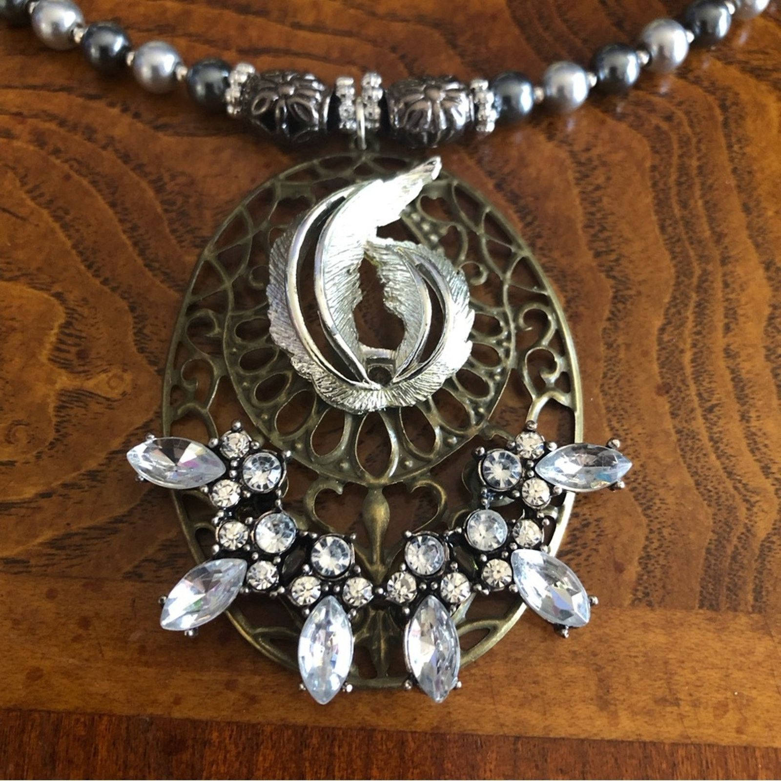 Handmade Handcrafted repurpose filigree stone pendant Pearl necklace Size ONE SIZE - 10 Thumbnail