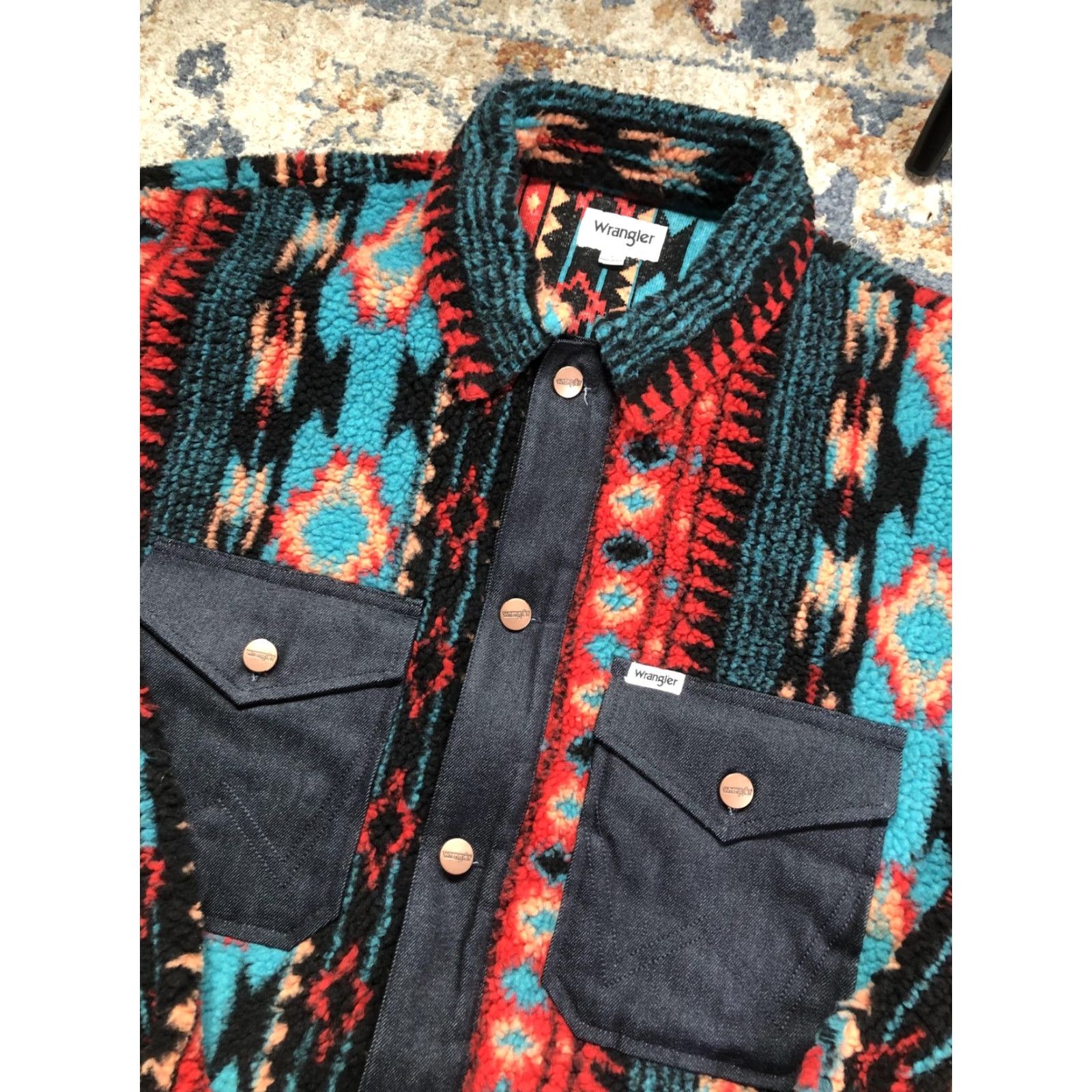 Wrangler Wrangler Jacket Mens L Multicolor Fleece Bomber Snap Front Western Aztec Geometric Pattern Size US L / EU 52-54 / 3 - 6 Thumbnail
