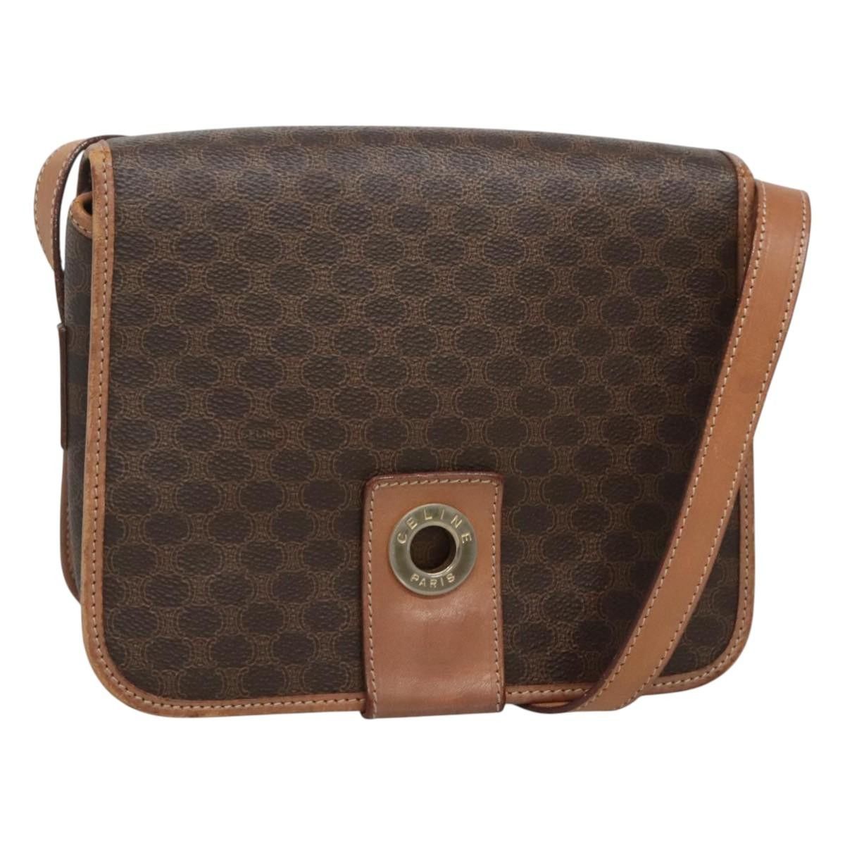 Celine Macadam Canvas Shoulder Bag Pvc Leather Brown Gold Auth 122541 in Brown/Gold, Women's