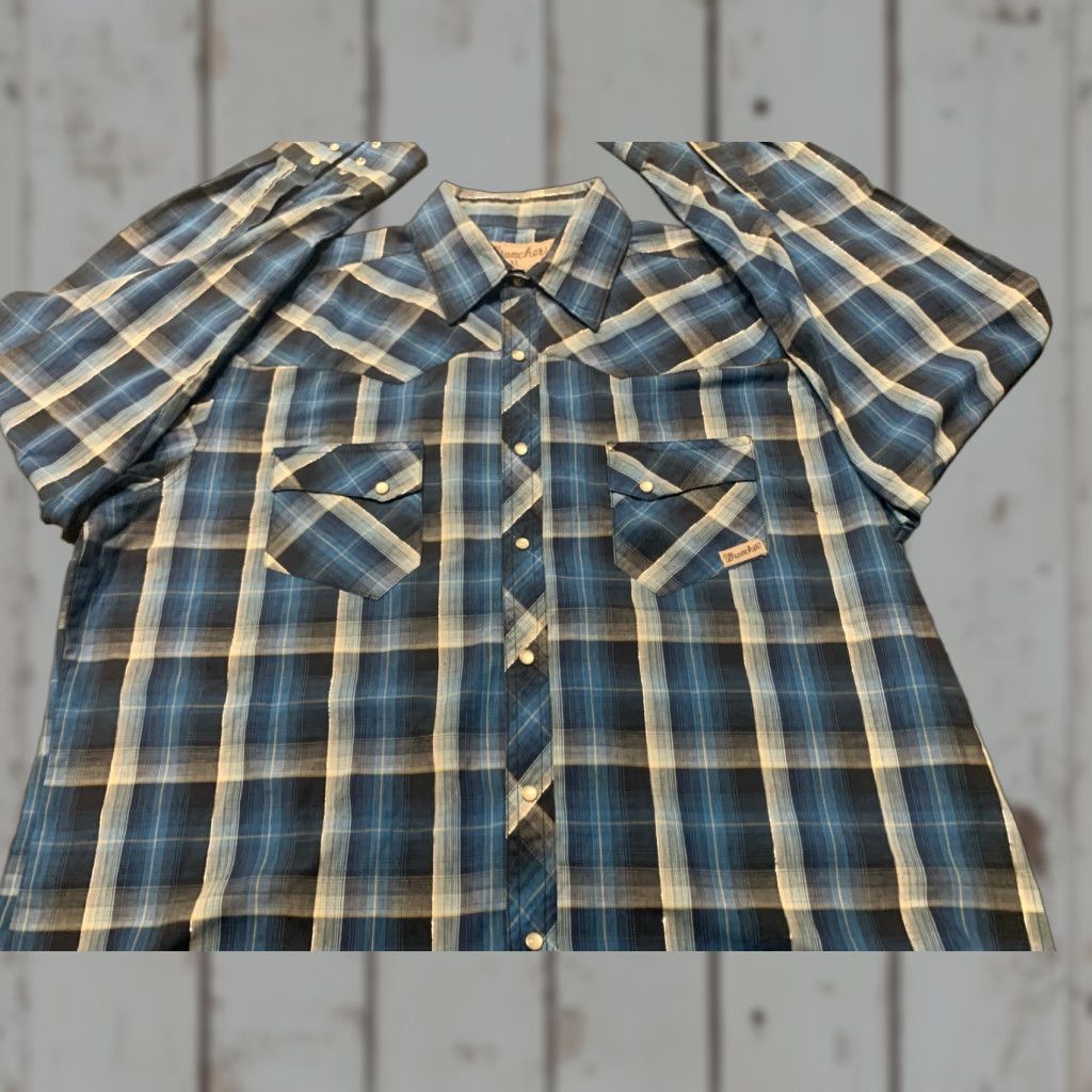 Wrangler Wrangler Western Shirt Pearl Snap Button-up Mens XL Blue Plaid Long Sleeve Casual Cowboy Rockabilly Size US XL / EU 56 / 4 - 1 Thumbnail