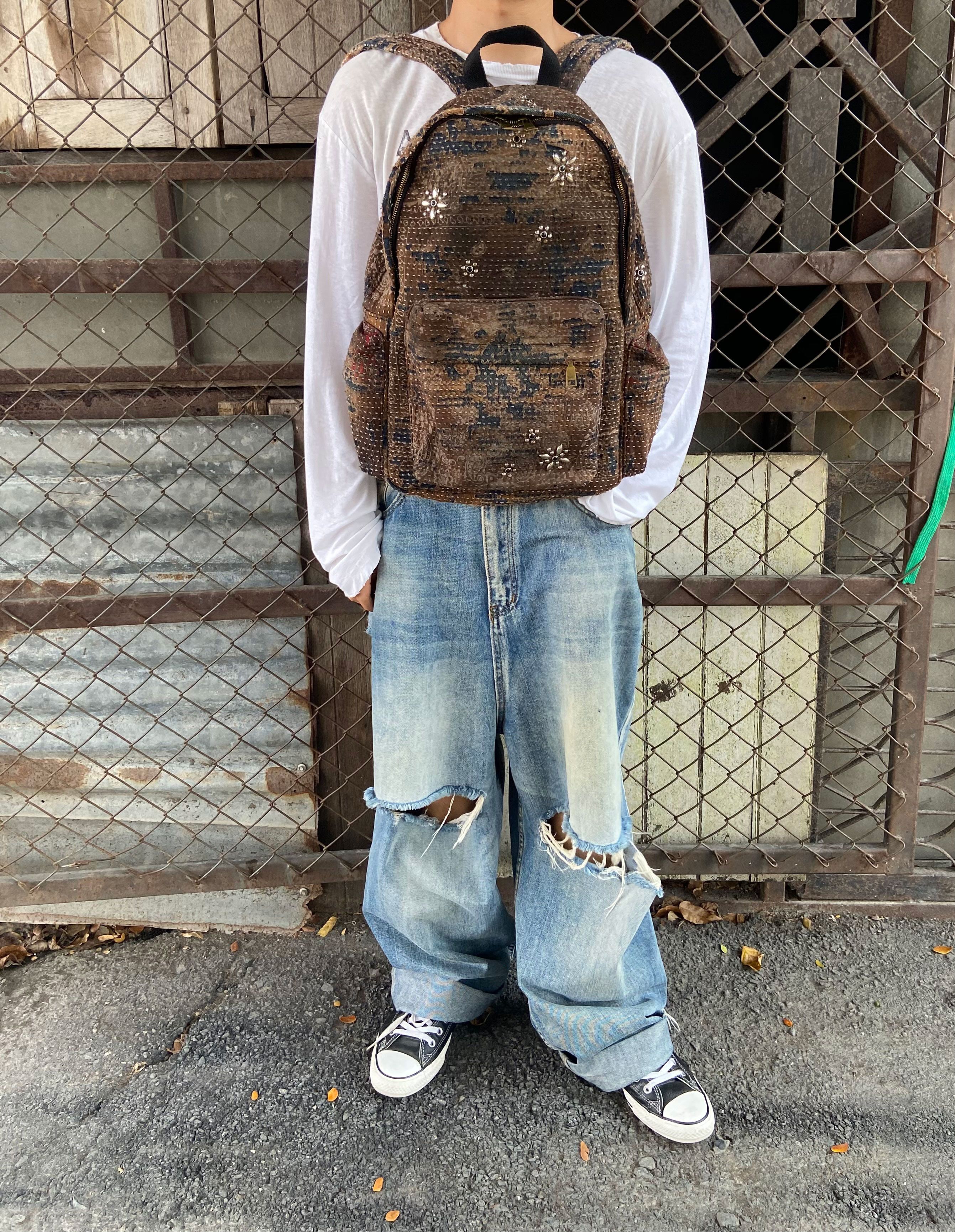 Japanese Brand BORO SASHIKO Studded FLOWER Backpack 🕷️🕸️ Size ONE SIZE - 2 Thumbnail