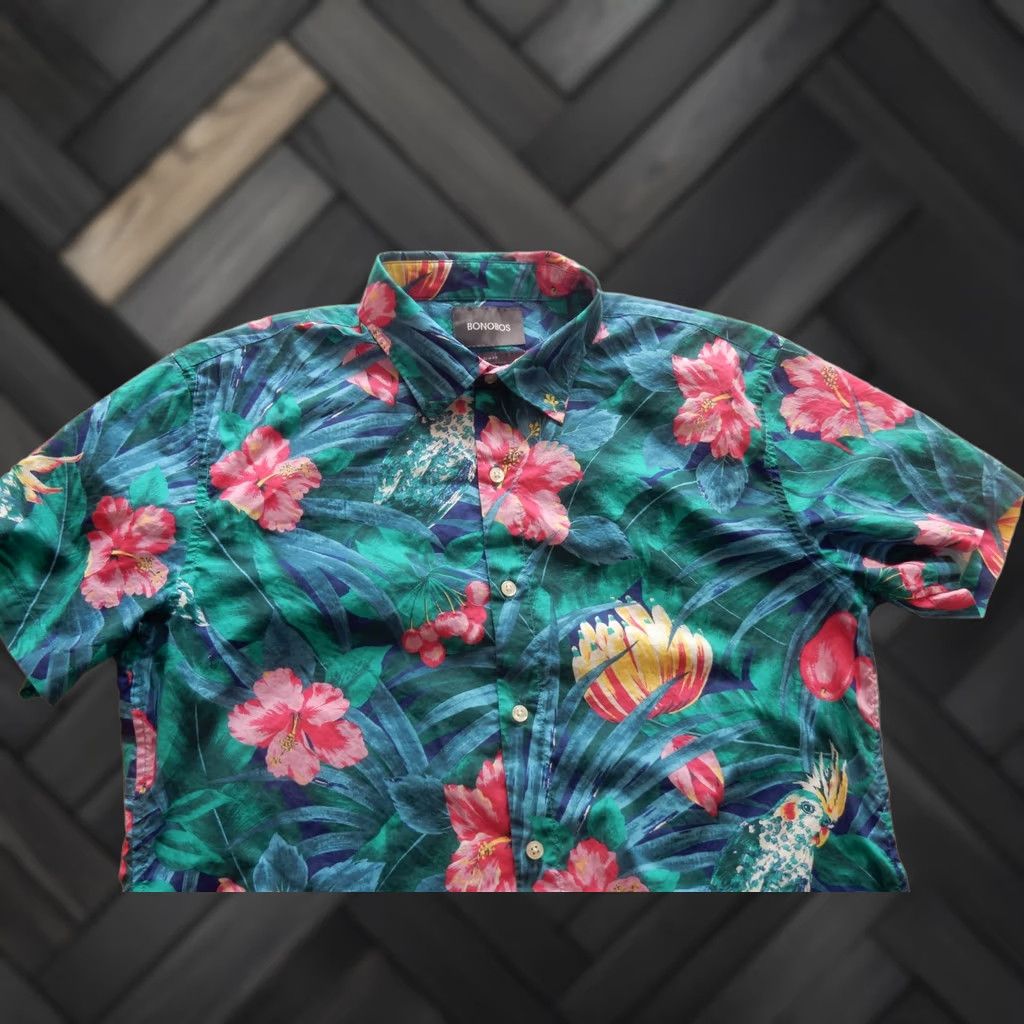Bonobos Bonobos Button Front Shirt Slim Floral Blue Cotton Men L Short Sleeve Size L Size US L / EU 52-54 / 3 - 1 Thumbnail