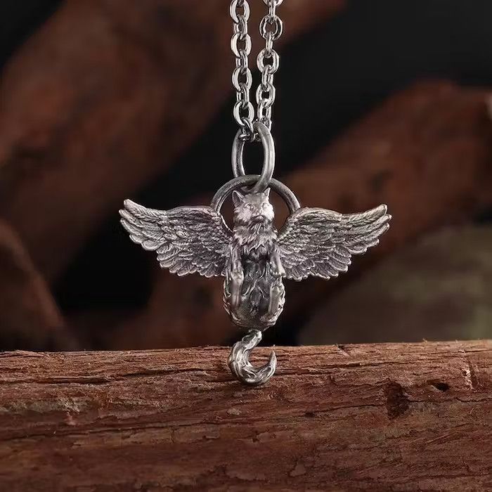 Jewelry x Vintage Cat Wings Pendant Necklace in Silver, Men's