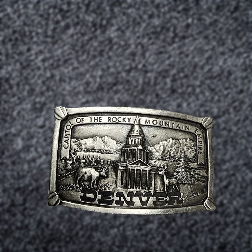 Industrie VINTAGE Denver Capitol of Rocky Mountain Empire Belt Buckle Men's Belt Buckle Silver Cowboy Western 1970s Art Industries Size ONE SIZE - 1 Thumbnail