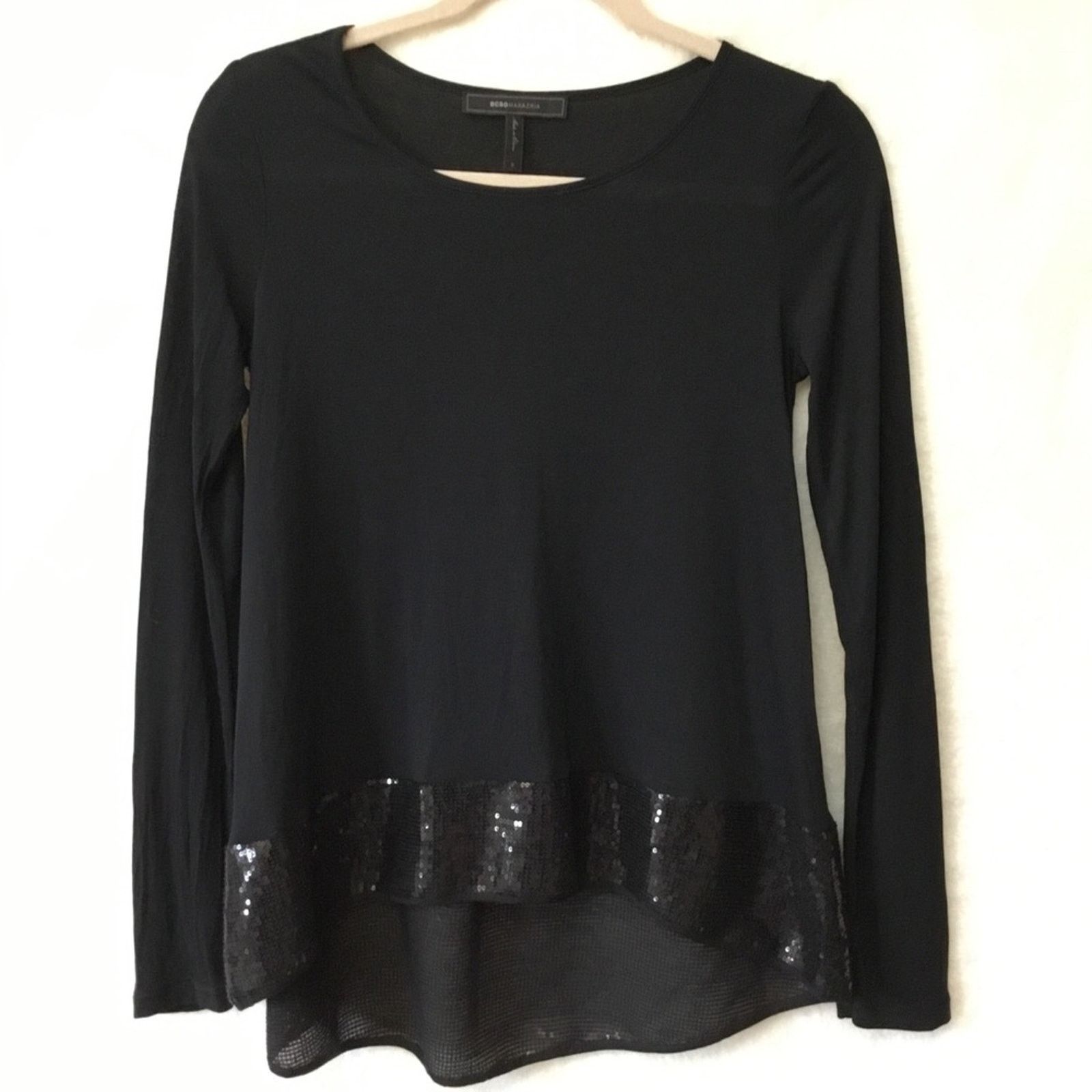 Bcbgmaxazria BCBGMaxaZria Black High & Low Long Sleeve Top Size S / US 4 / IT 40 - 2 Thumbnail