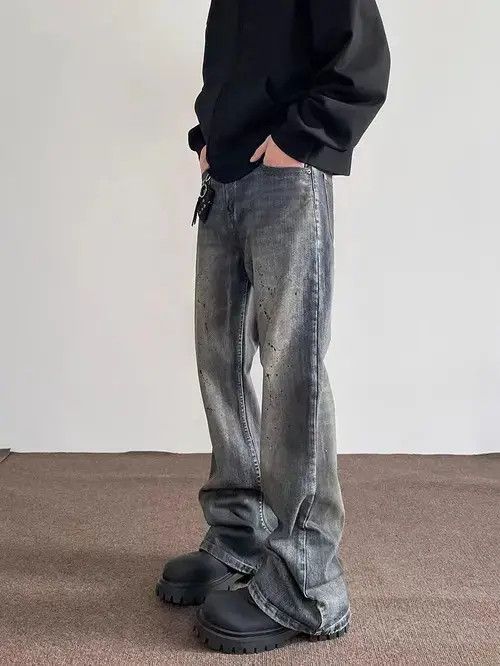 Japanese Brand × Jean Street distressed straight-leg micro-flared ink-dotted jeans Size US 32 / EU 48 - 2 Thumbnail