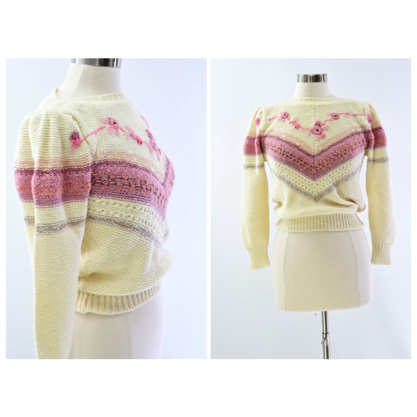 image of 80's Vintage Womens S Embroidered Striped Ribbon Trim Sweater Country Crafts in White (Size Small)