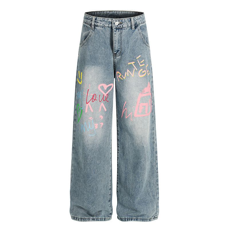 Jean American street style graffiti letter print jeans Size US 32 / EU 48 - 1 Thumbnail