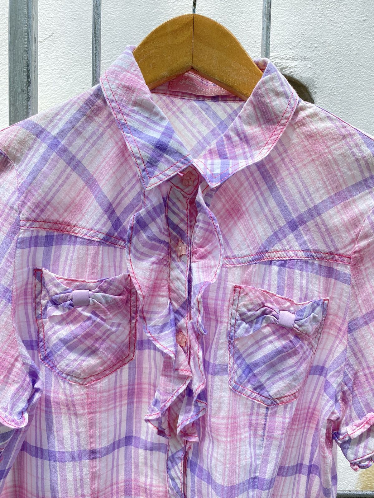 Designer × Japanese Brand Mezzo Piano Y2K Pink & Purple Plaid Ruffle Shirt Size ONE SIZE - 8 Thumbnail