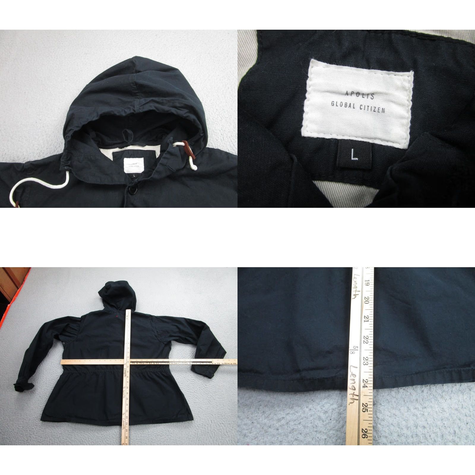 Apolis Apolis Global Citizen Women's Jacket L Black Hooded Anorak Pullover with Drawstring Pockets Lightweight Size L / US 10 / IT 46 - 8 Thumbnail