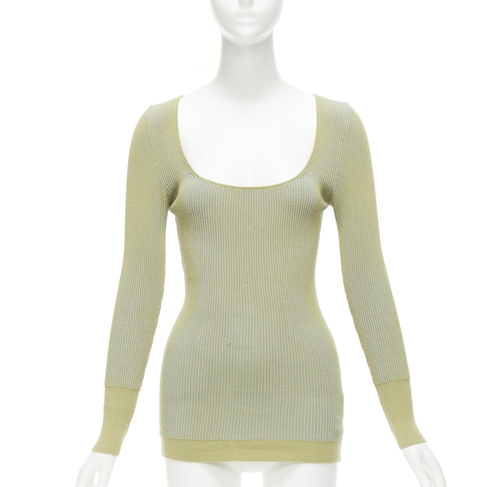 image of Jacquemus Rosa Green Blue Ribbed Scoop Neck Fitted Long Sleeve Top Fr40 L, Women's (Size Medium)