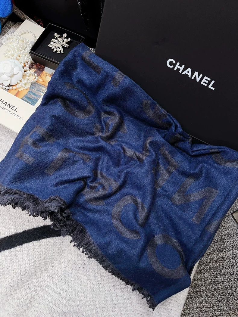 Chanel Chanel Dark blue and gray letter cashmere silk scarf Size ONE SIZE - 2 Thumbnail