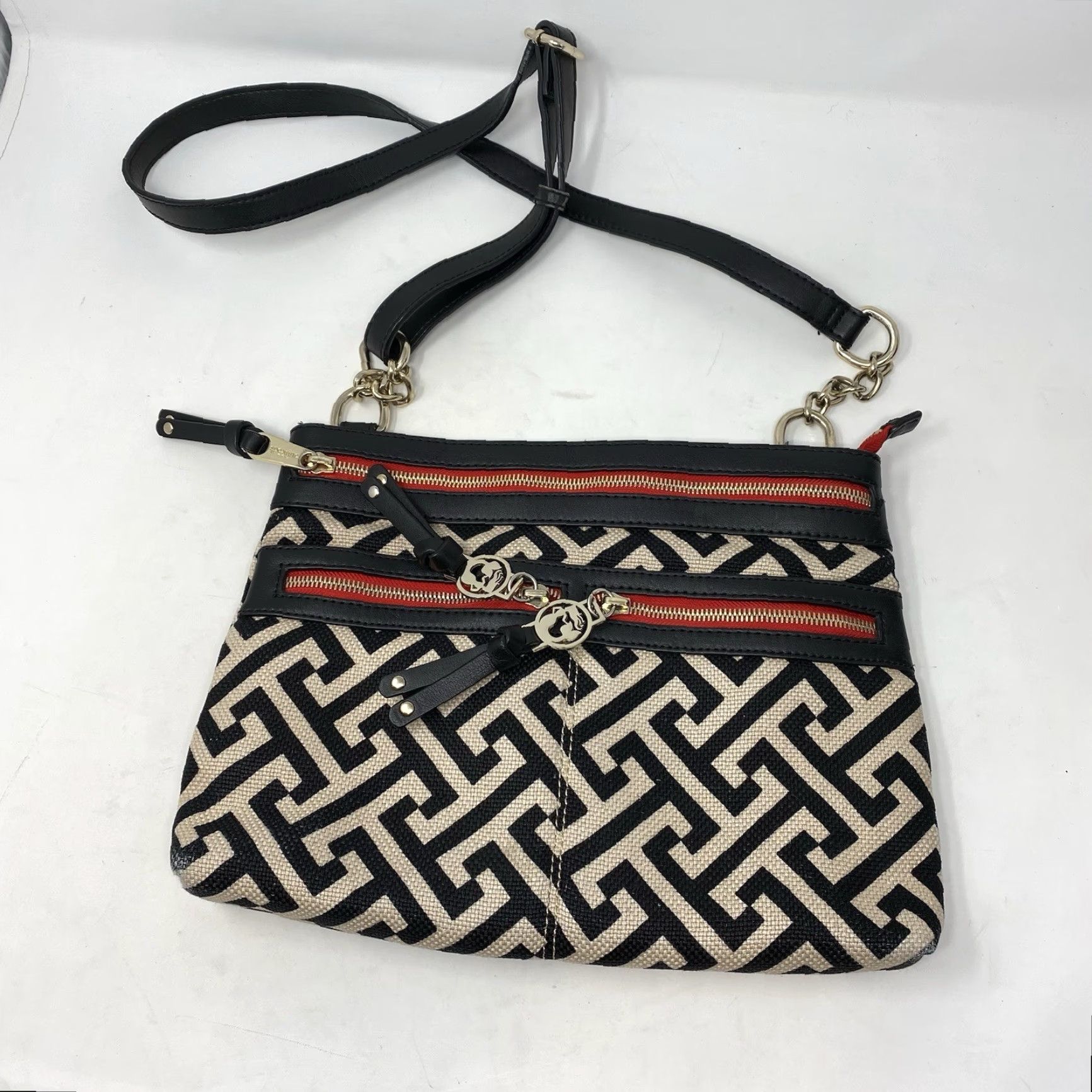 Vintage Spartina 449 Leather & Linen Handbag Crossbody Purse Zip Pockets Black Tan Casual Women Medium Cute! Size ONE SIZE - 2 Thumbnail