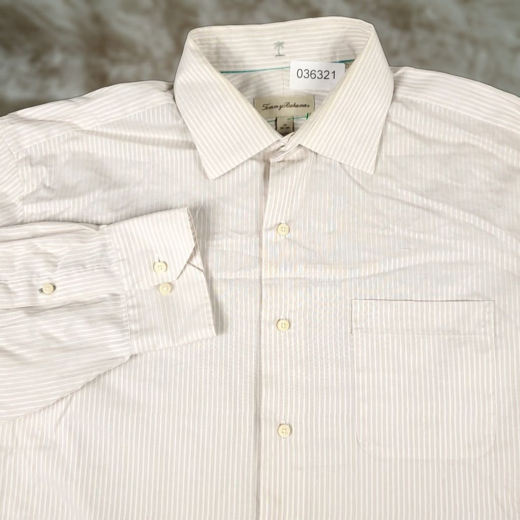 Tommy Bahama Tommy Bahama Dress Shirt Men 17 Beige Striped Button Up Long Sleeve Casual Business Classic 100% Cotton Mens Size 17 Size 46R - 1 Thumbnail