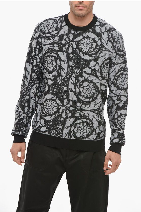 image of Versace Crew Neck Jacquard Cotton Blend Sweater With Contrasting Edg in Grey, Men's (Size Large)