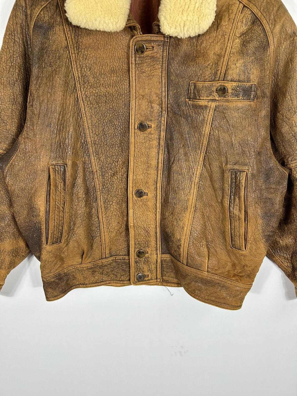Leather ⚡️Vintage Button Zipper Distressed Leather Bomber Jacket Size US L / EU 52-54 / 3 - 5 Thumbnail