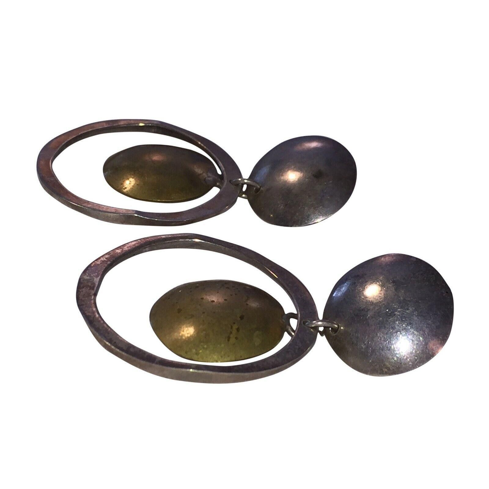 Handmade Mexican Brutalist Sterling & Brass Disc Hoop Earrings Size ONE SIZE - 2 Thumbnail