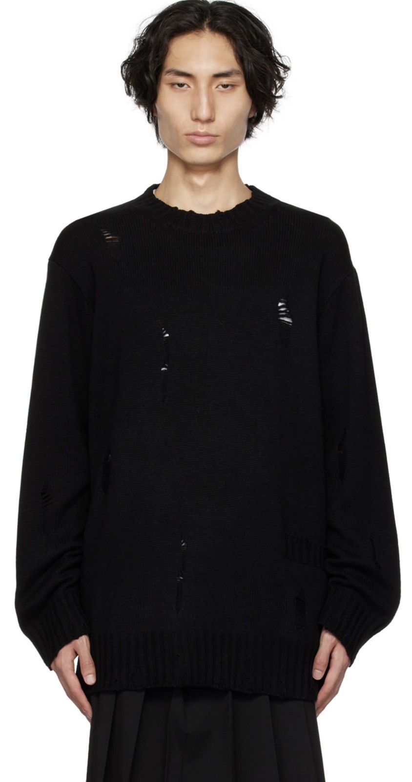 image of Yohji Yamamoto Pour Homme Black Distressed Sweater, Men's (Size Large)