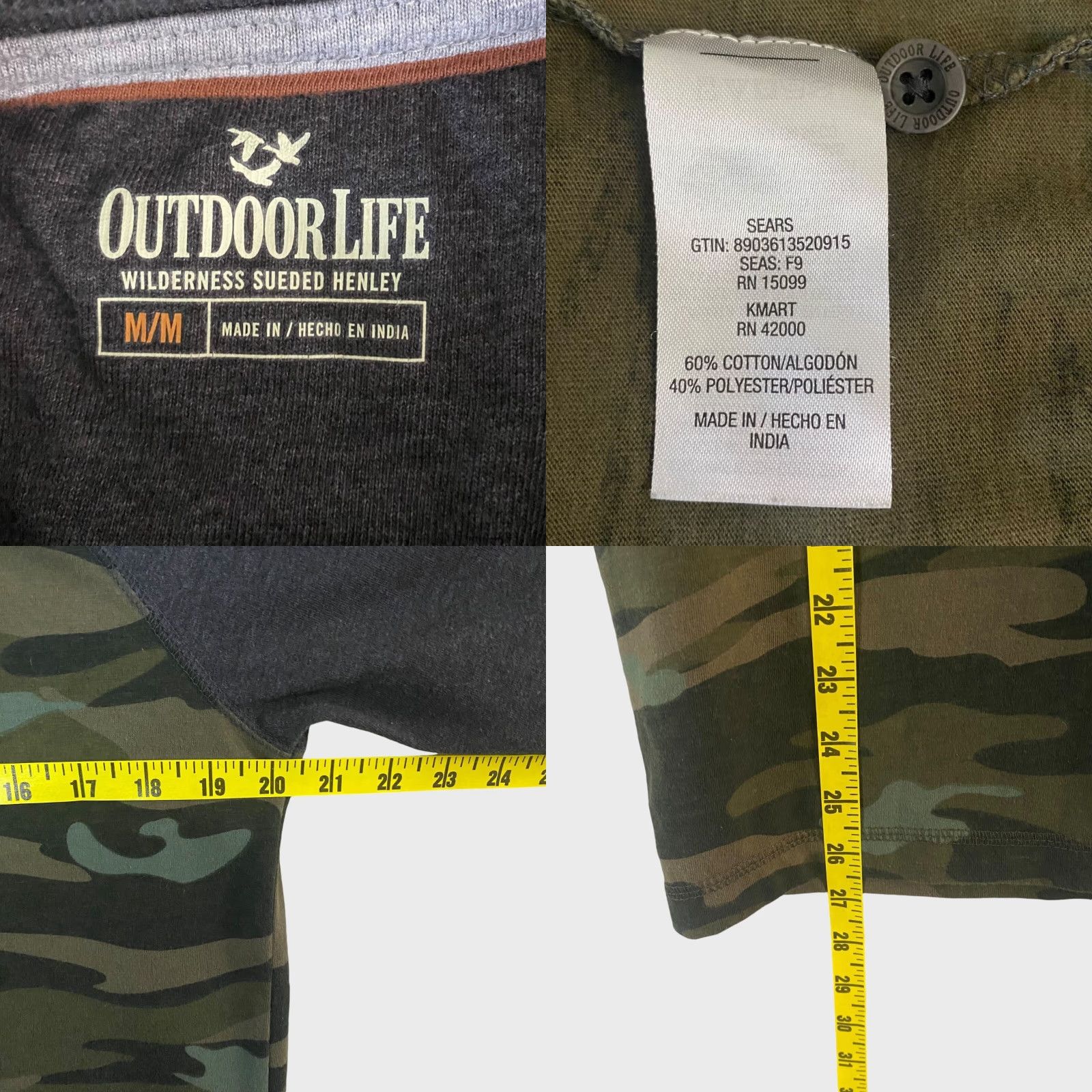 Vintage Outdoor Life Camo Henley Shirt Green/Gray Men M Long-Sleeve Tee Size US M / EU 48-50 / 2 - 8 Thumbnail