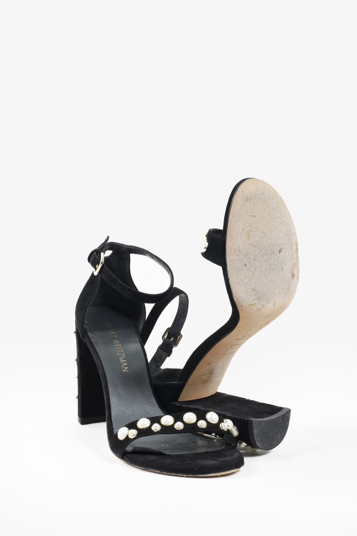 Stuart Weitzman Stuart Weitzman Black Pearl Studded Open-Toe Heeled Sandals Size US 9.5 / IT 39.5 - 4 Thumbnail