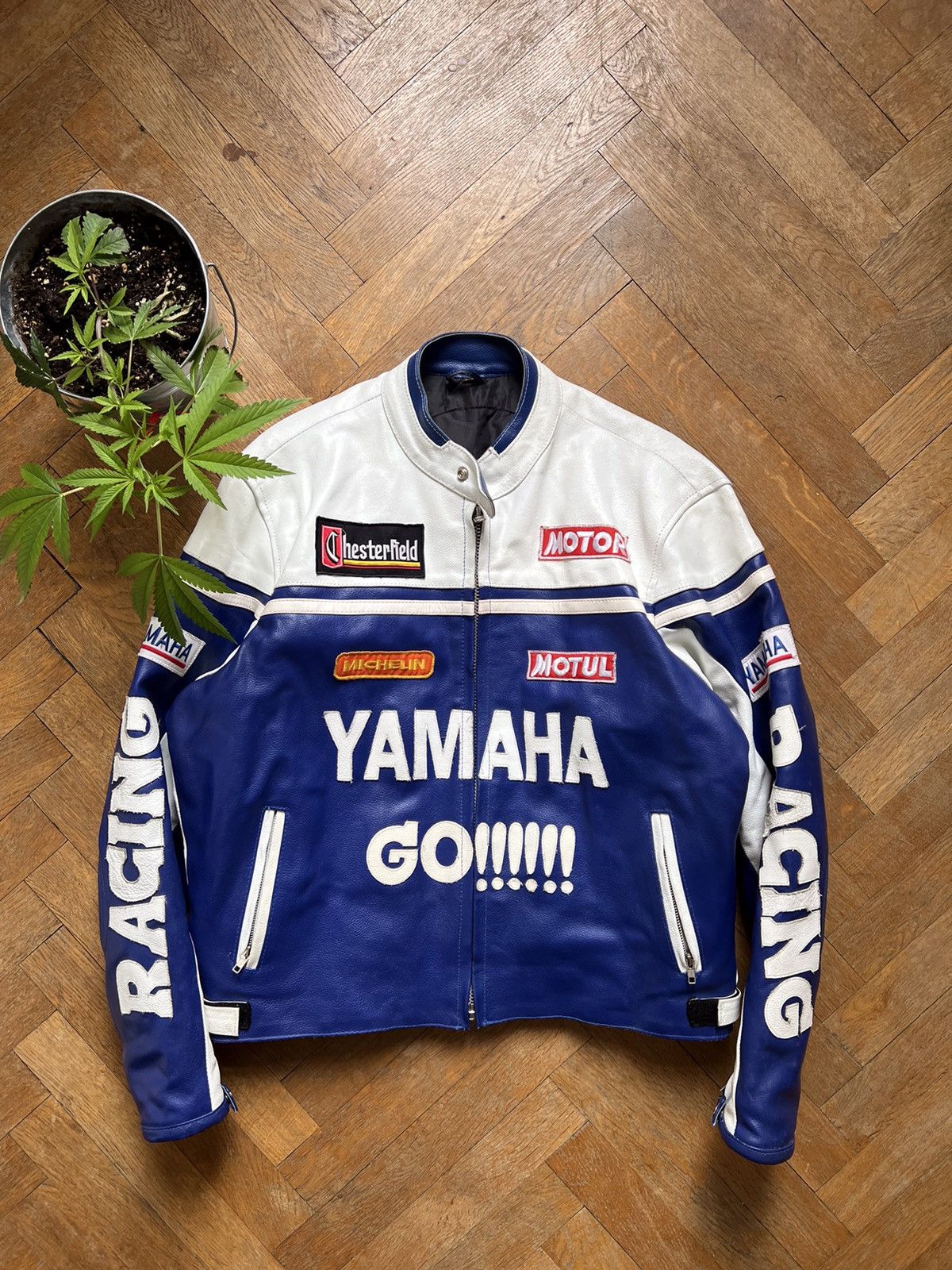 image of Yamaha Vintage Moto Very Leather Jacket in Blue White, Men's (Size Large)
