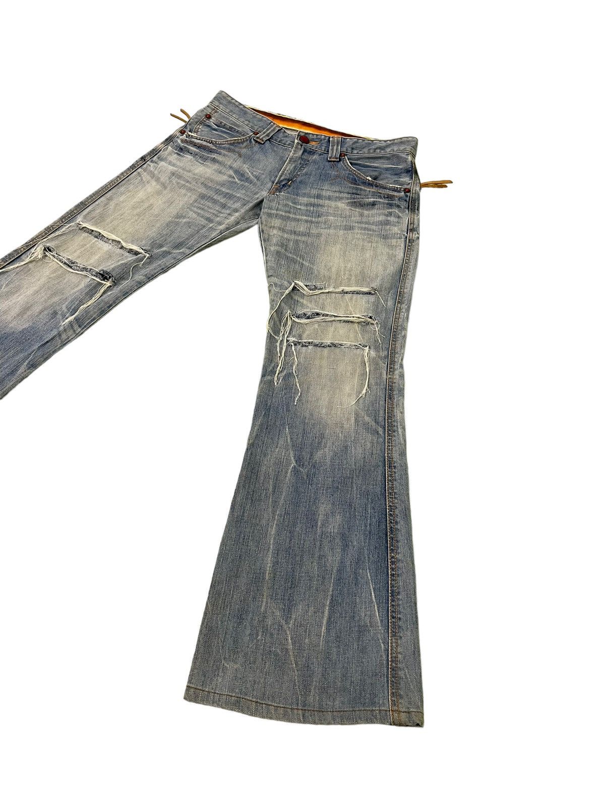 Japanese Brand Flare Jeans Edwin Japan Distress Faded Boot Cut 7🟦5 Size US 35 - 3 Thumbnail