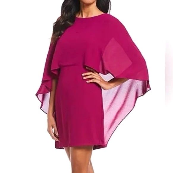 Vintage H HALSTON Dark Pink Wild Berry Cape Sleeve Dress 10 Cocktail Wedding Womens Short Sheath New with Tags Size L / US 10 / IT 46 - 2 Thumbnail