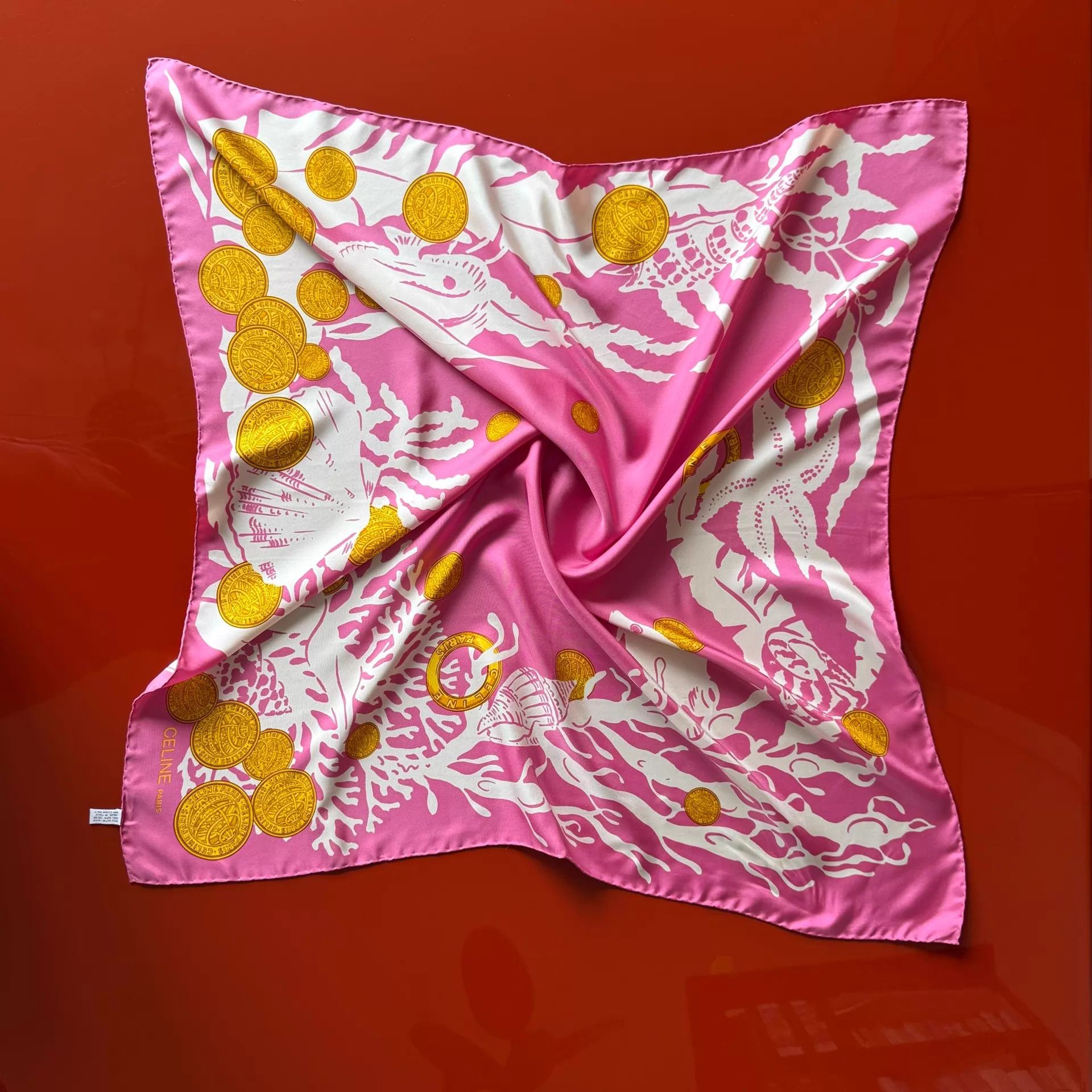 Celine Celine Vintage Pink Gold Coin Silk 90cm Scarf Underwater Size ONE SIZE - 1 Thumbnail