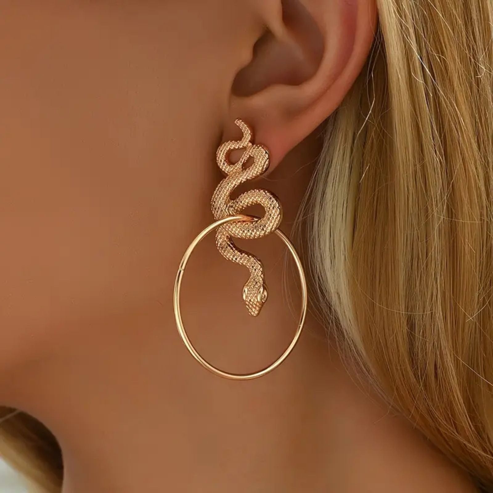 Other Gold Snake Hoop Earrings – Textured Serpent Statement Size ONE SIZE - 5 Thumbnail
