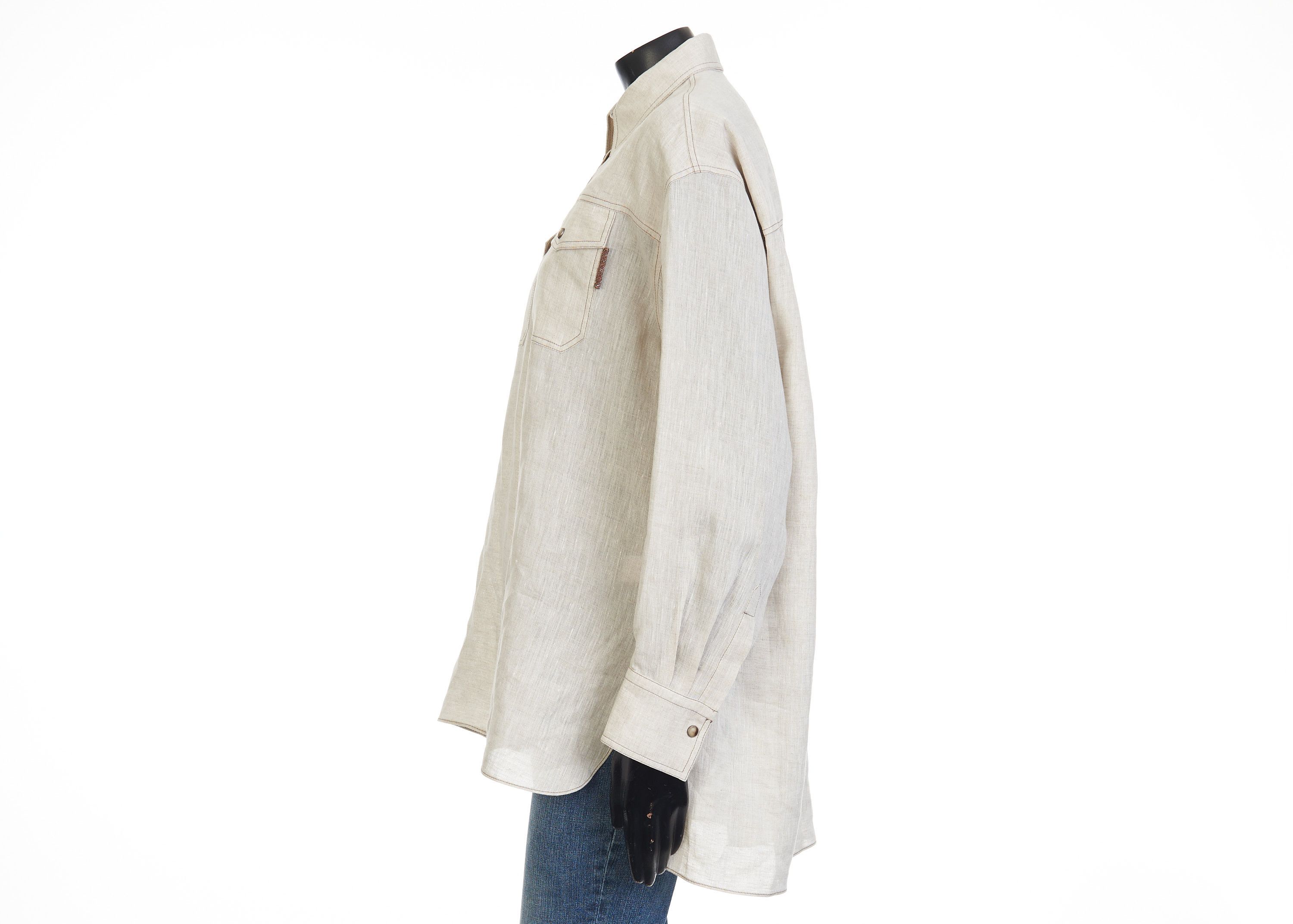 Brunello Cucinelli Lightweight Linen Shirt With Snap Buttons & Shiny Tab Size S / US 4 / IT 40 - 7 Thumbnail