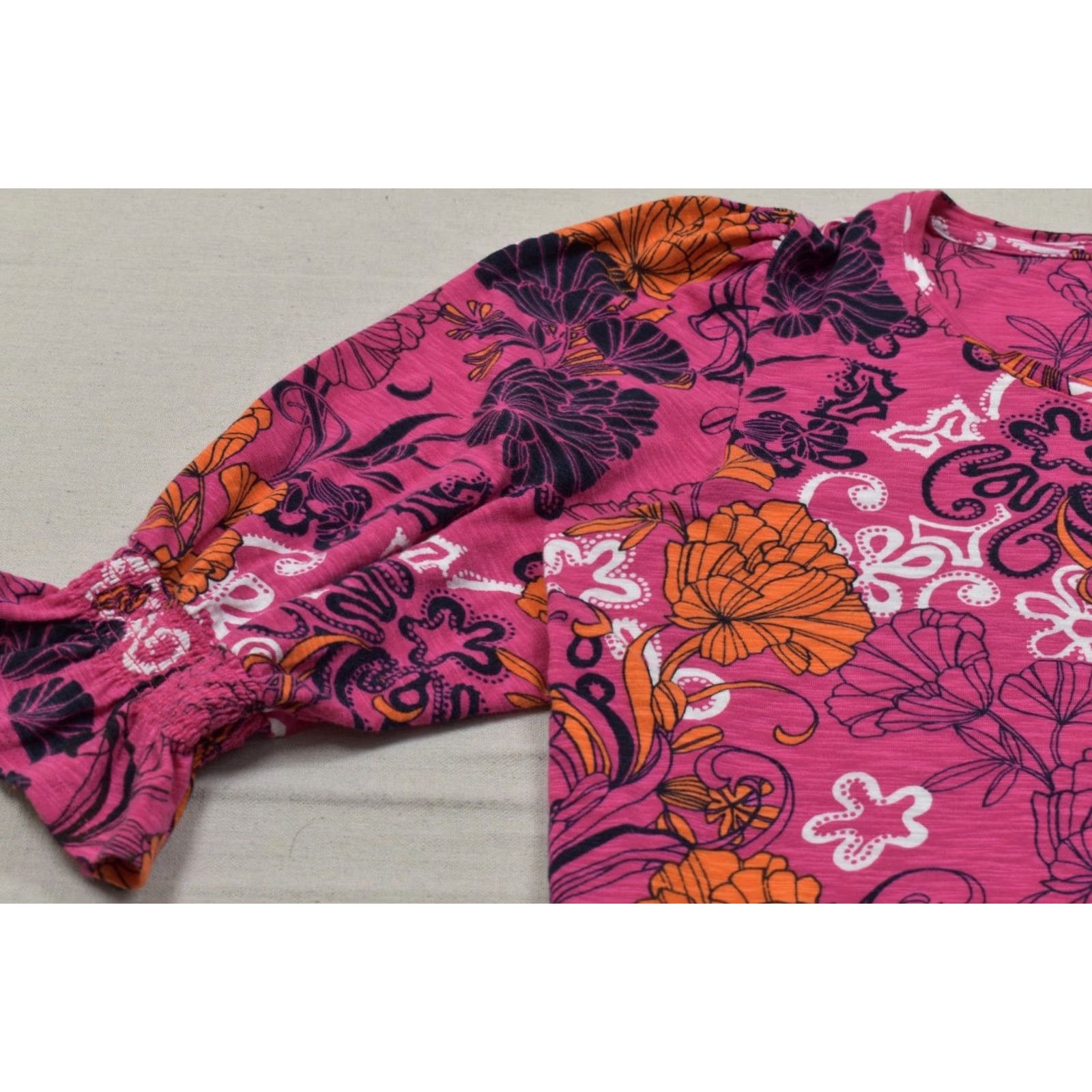 Vintage Chico's Women's Pink Floral Puff Sleeve Top XL Knit Blouse Crew Neck 3/4 Sleeve Cotton Modal Casual Summer Spring Size XL / US 12-14 / IT 48-50 - 2 Thumbnail