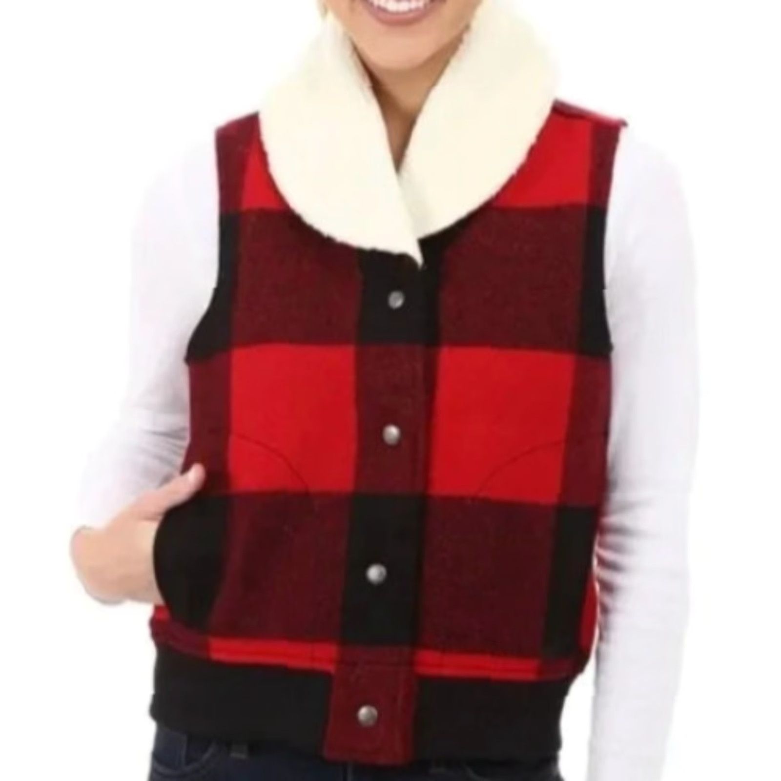 Vintage Woolrich Women's Vest Wool Blend NWT Giant Buffalo Size S Red Black Plaid Outdoor Pockets Vest Mens? Size S / US 4 / IT 40 - 2 Thumbnail