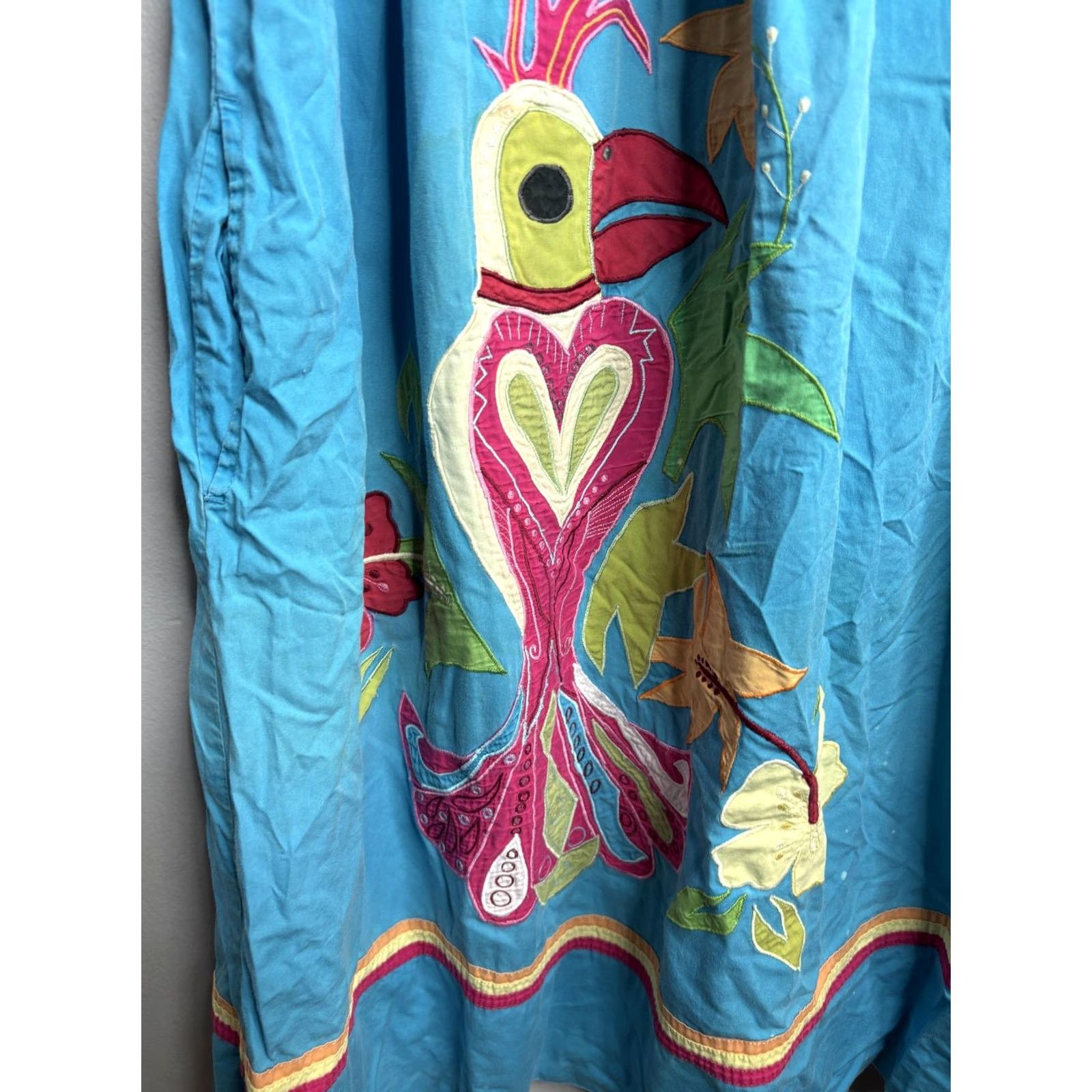 Vintage Go Softly Patio Dress Womens Small Blue Parrot Embroidered Boho Floral Pocket Cotton Size S / US 4 / IT 40 - 2 Thumbnail