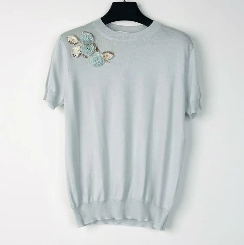 Dior Dior Light Blue Embroidered Short Sleeve T-Shirt 0089 Size S / US 4 / IT 40 - 1 Thumbnail