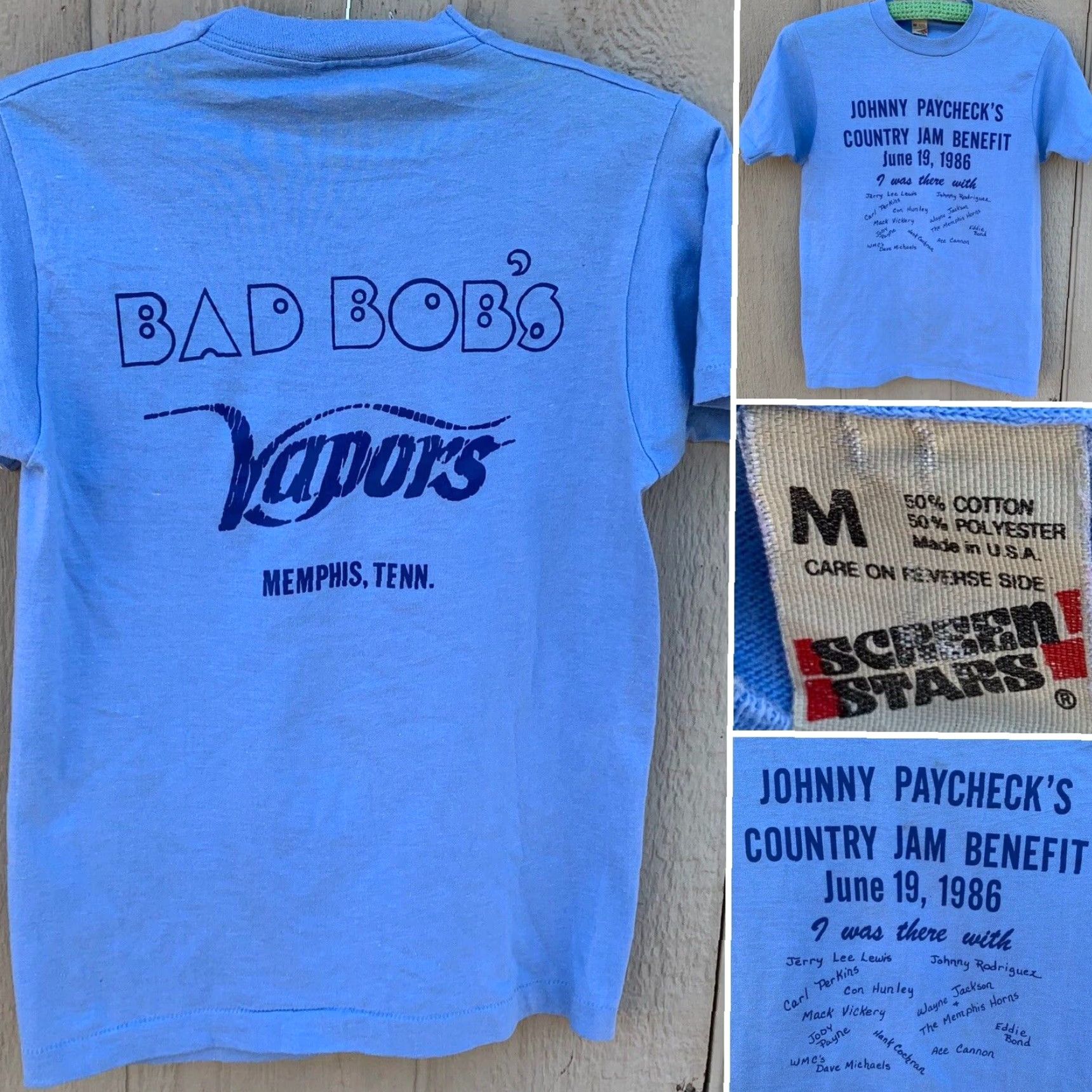Vintage VINTAGE Johnny Paycheck’s COUNTRY JAM BENEFIT 1986 Bad Bobs Vapors MEMPHIS t-shirt Shirt Men M Blue 80s Music Concert Band Tee Size US M / EU 48-50 / 2 - 2 Thumbnail