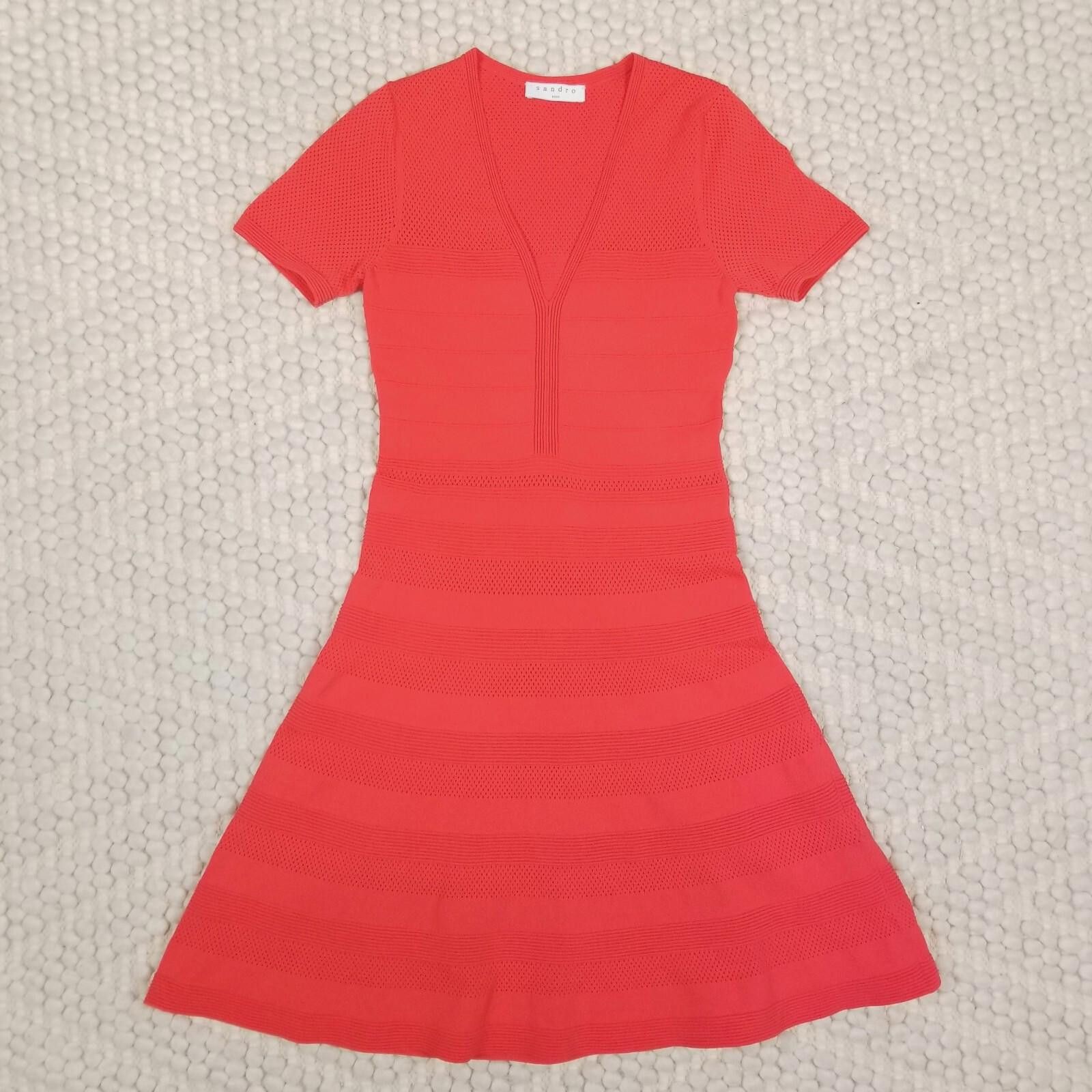 Sandro Sandro V-Neck Ribbed-Knit Dress Red 2 (US 4-6) Size S / US 4 / IT 40 - 6 Thumbnail