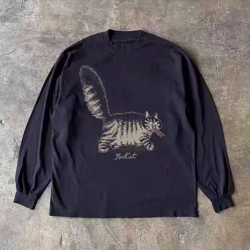 Vintage Black Washed Vintage Cat Print Long-Sleeve T-Shirt Size US M / EU 48-50 / 2 - 1 Thumbnail
